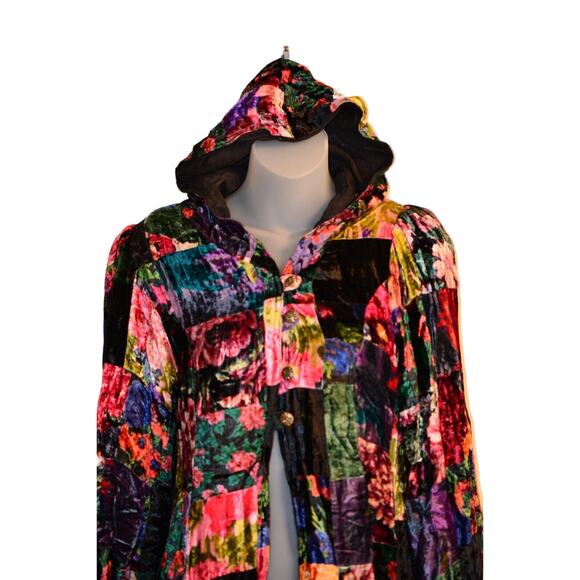 Betsey Johnson Vintage Cloak Jacket Crushed Velvet Long Patchwork Floral Hoodie - Picture 4 of 12